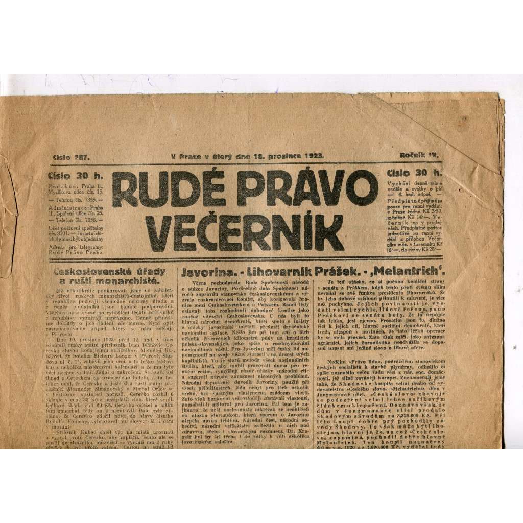 Rudé právo - večerník, ročník IV., číslo 287 (18.12.1923) - staré noviny, 1. republika