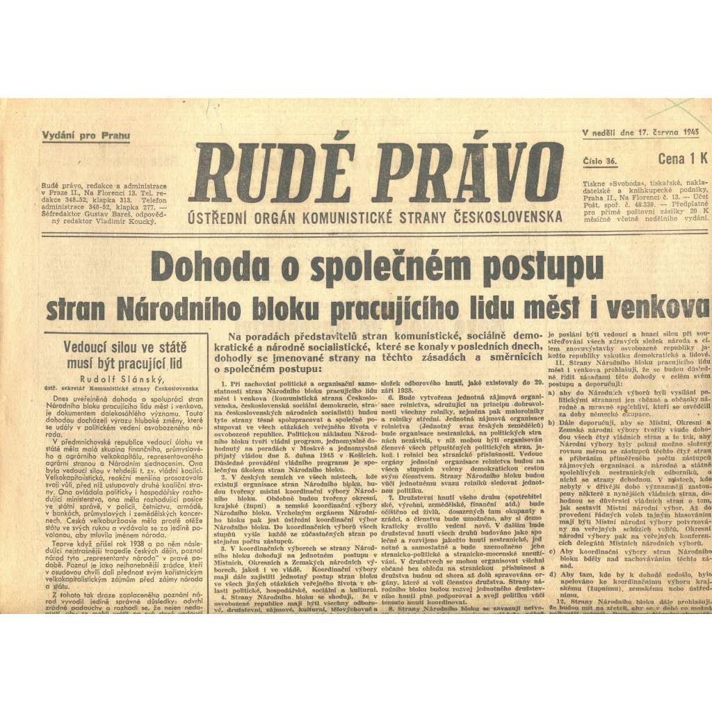 Rudé právo, číslo 36. Ústřední orgán Komunistické strany Československa (17.6.1945) - staré noviny