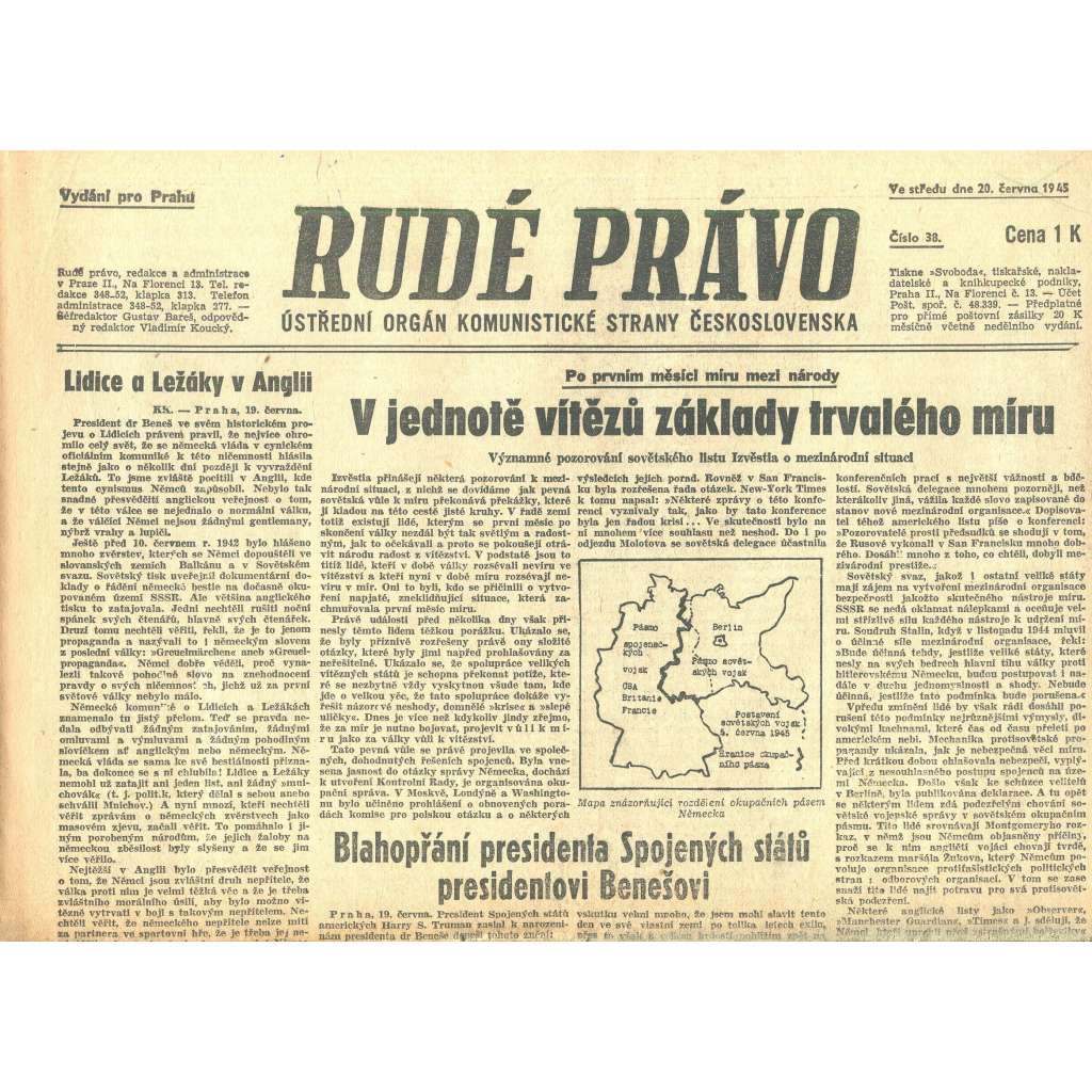 Rudé právo, číslo 38. Ústřední orgán Komunistické strany Československa (20.6.1945) - staré noviny