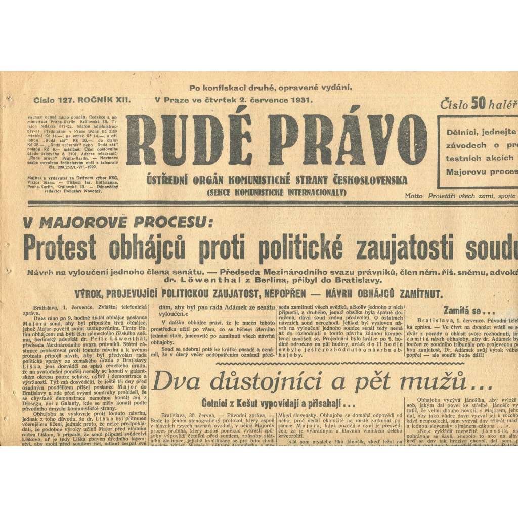 Rudé právo, ročník XII., číslo 127. Ústřední orgán Komunistické strany Československa (2.7.1931) - staré noviny, 1. republika