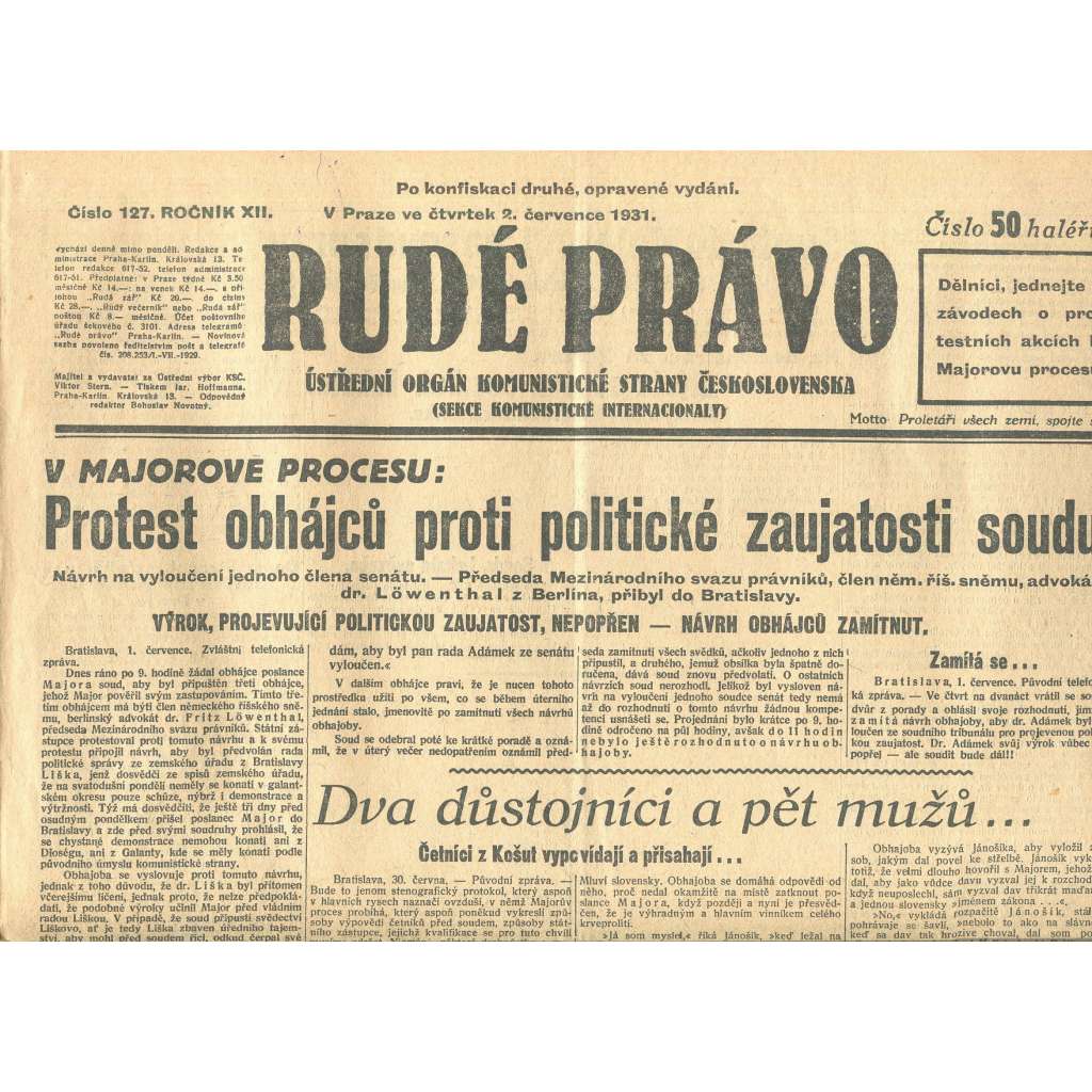 Rudé právo, ročník XII., číslo 127. Ústřední orgán Komunistické strany Československa (2.7.1931) - staré noviny, 1. republika