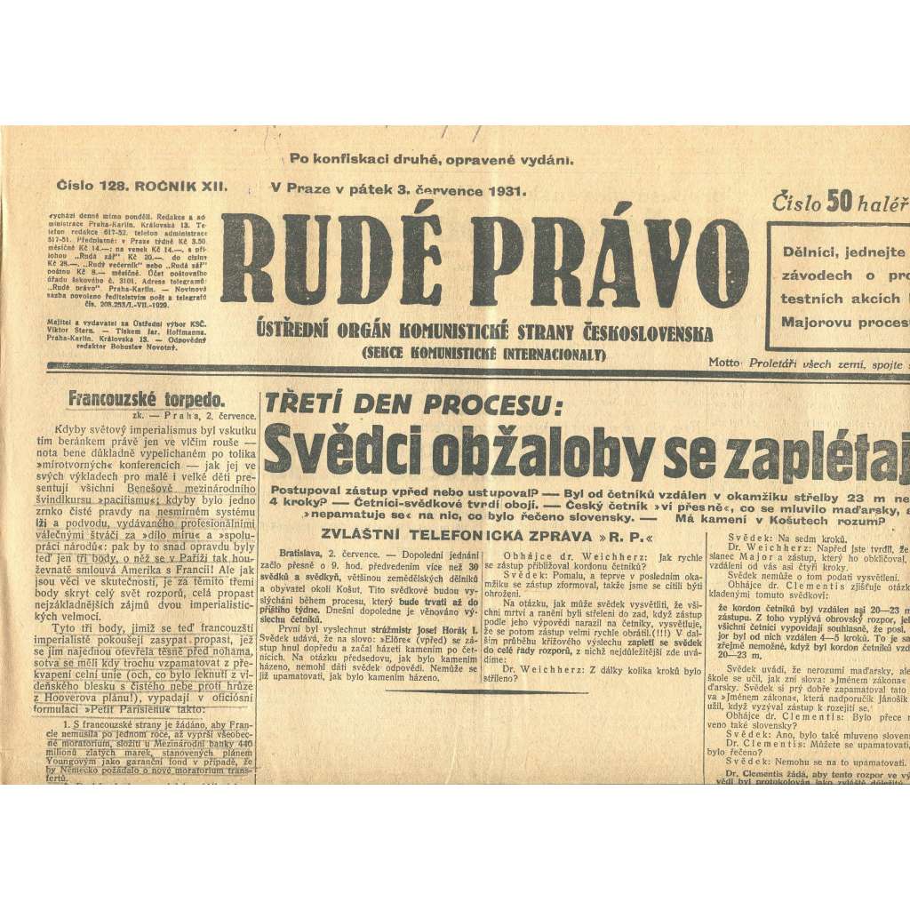 Rudé právo, ročník XII., číslo 128. Ústřední orgán Komunistické strany Československa (3.7.1931) - staré noviny, 1. republika