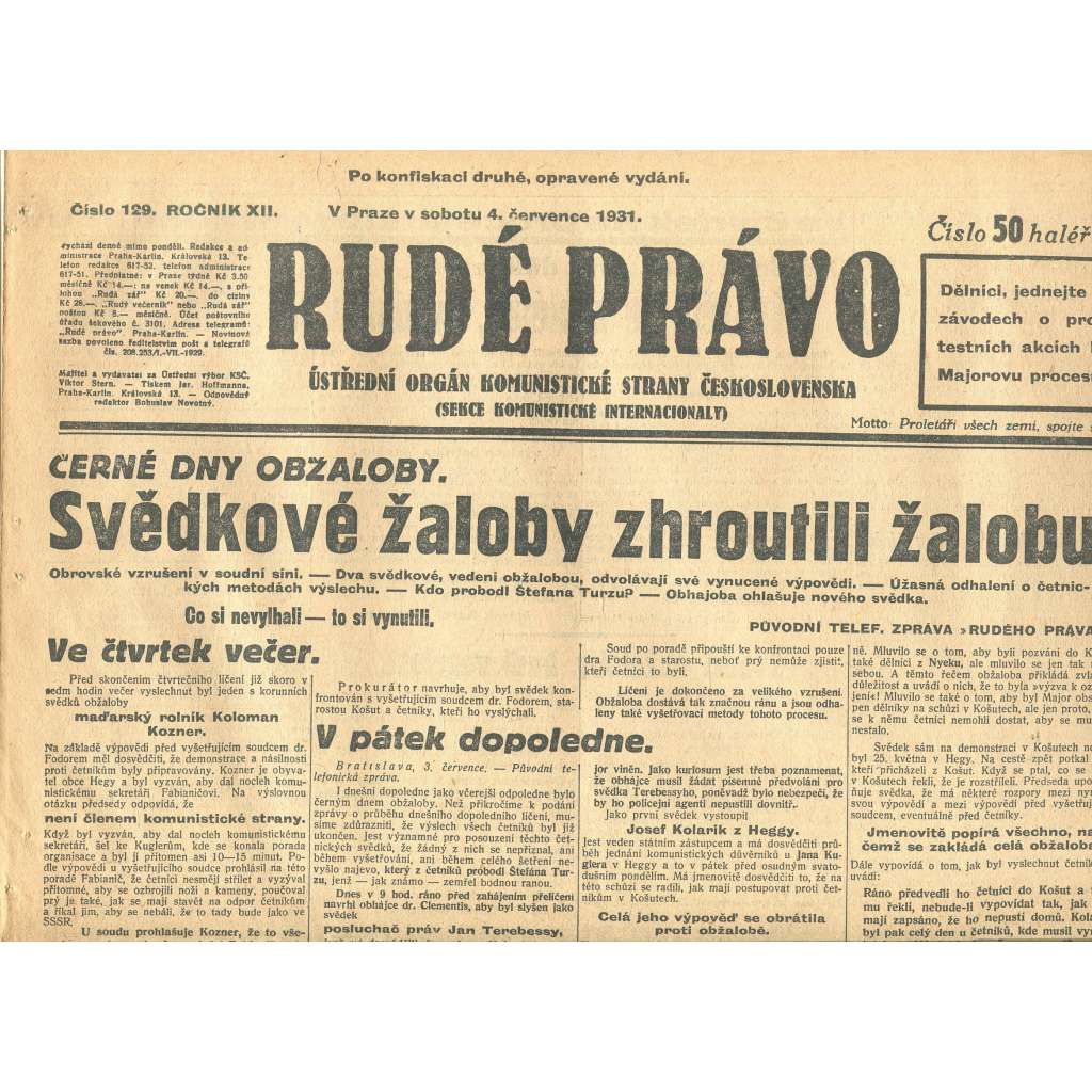 Rudé právo, ročník XII., číslo 129. Ústřední orgán Komunistické strany Československa (4.7.1931) - staré noviny, 1. republika