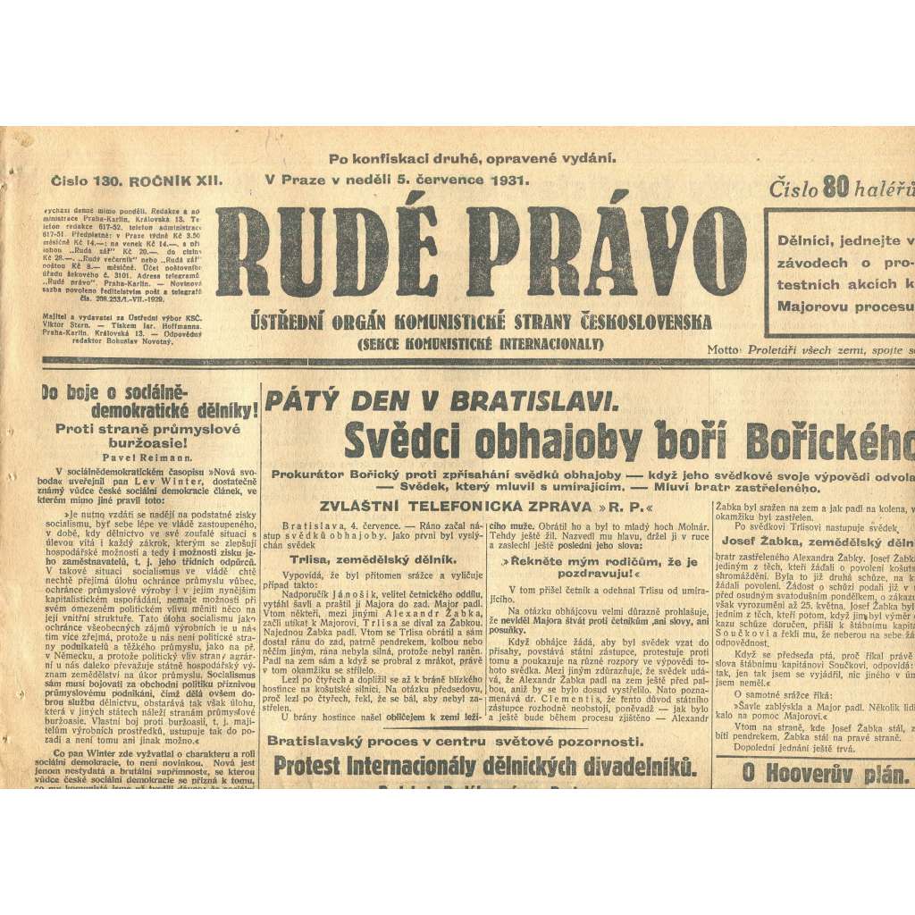 Rudé právo, ročník XII., číslo 130. Ústřední orgán Komunistické strany Československa (5.7.1931) - staré noviny, 1. republika