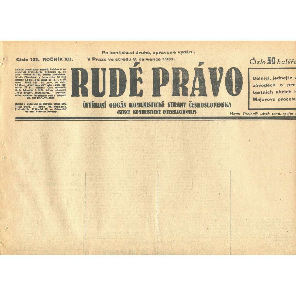 Rudé právo, ročník XII., číslo 131. Ústřední orgán Komunistické strany Československa (8.7.1931) - staré noviny, 1. republika