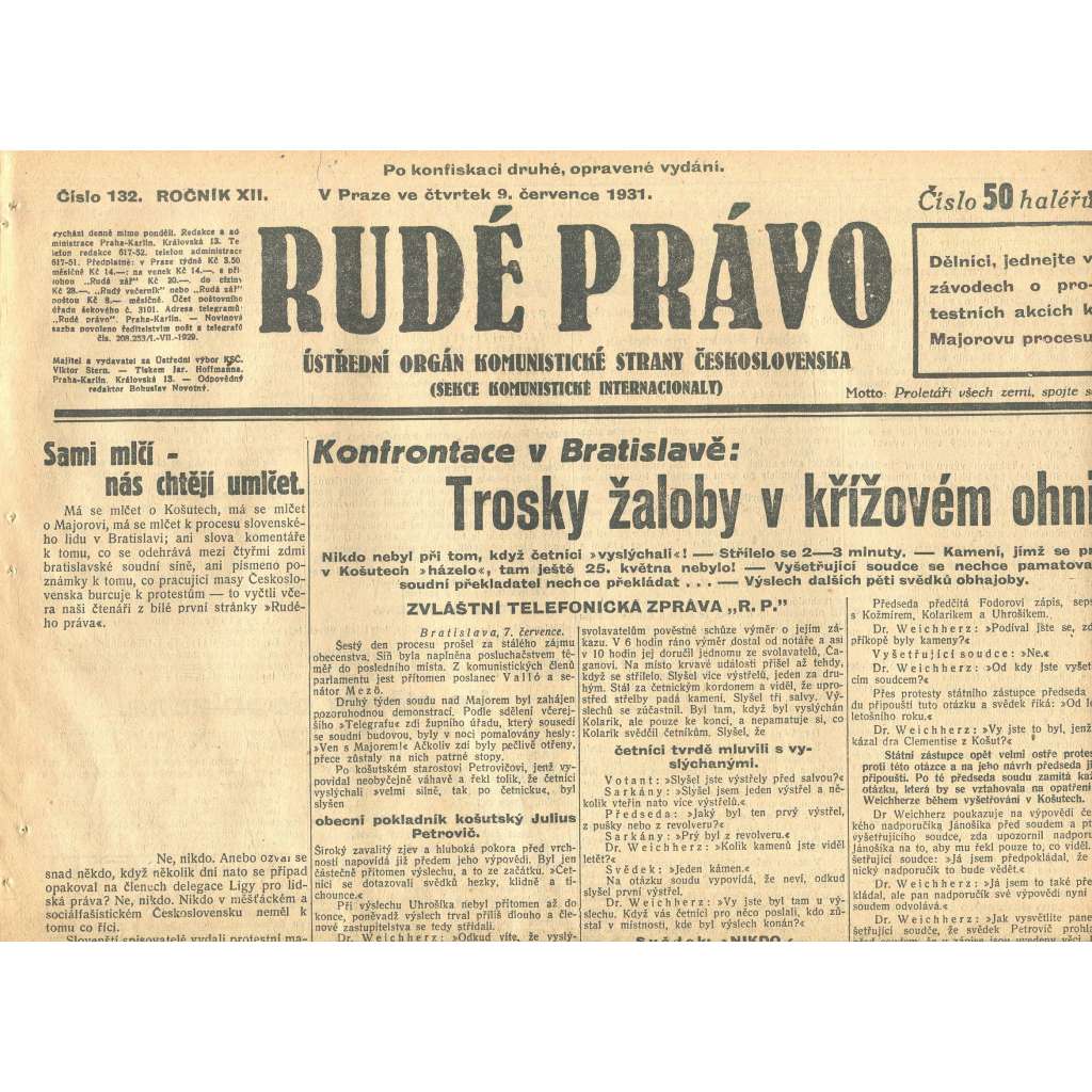 Rudé právo, ročník XII., číslo 132. Ústřední orgán Komunistické strany Československa (9.7.1931) - staré noviny, 1. republika