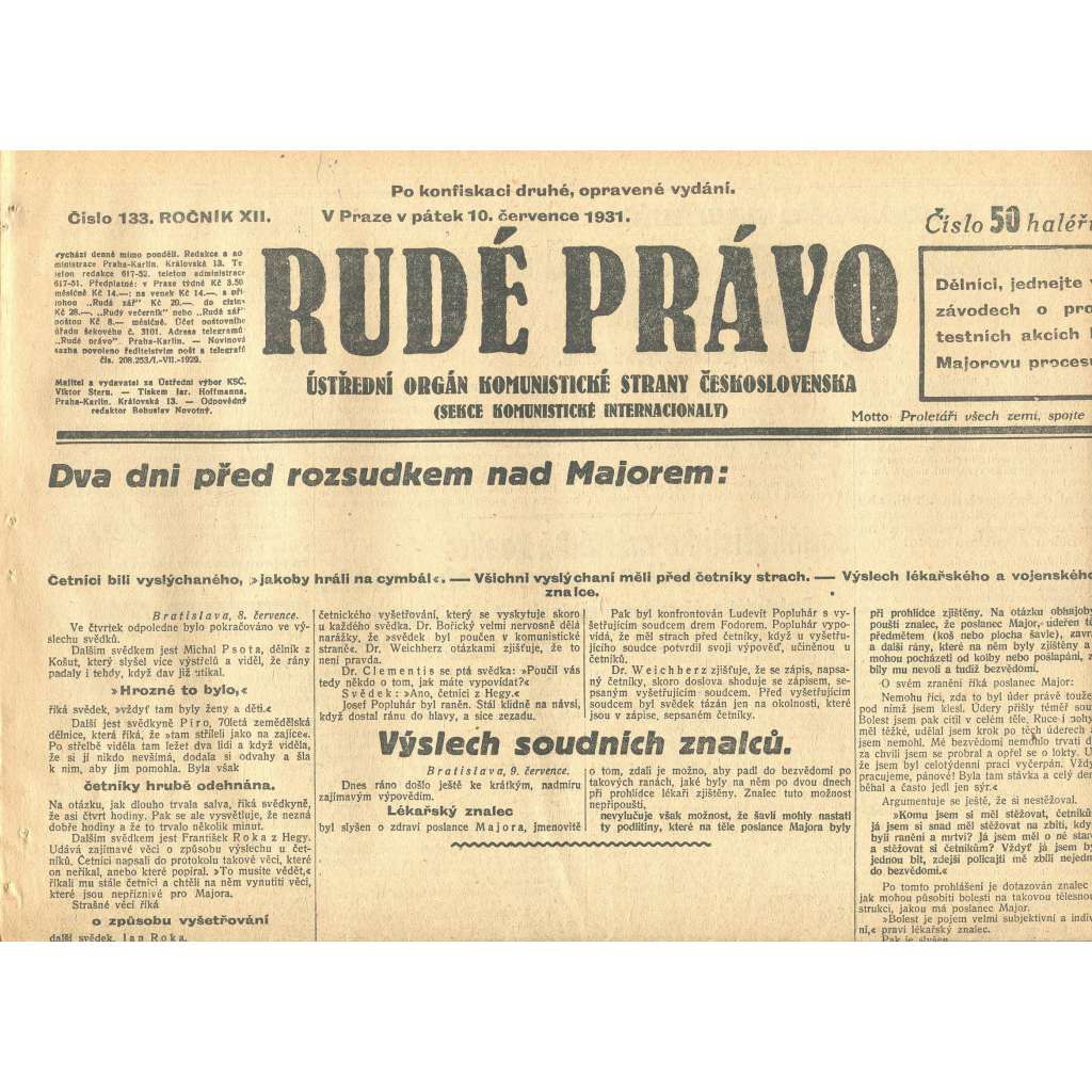 Rudé právo, ročník XII., číslo 133. Ústřední orgán Komunistické strany Československa (10.7.1931) - staré noviny, 1. republika