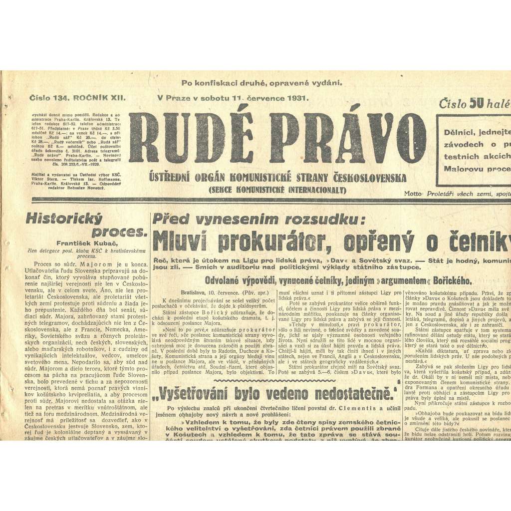 Rudé právo, ročník XII., číslo 134. Ústřední orgán Komunistické strany Československa (11.7.1931) - staré noviny, 1. republika