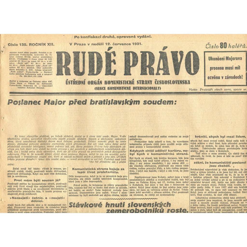 Rudé právo, ročník XII., číslo 135. Ústřední orgán Komunistické strany Československa (12.7.1931) - staré noviny, 1. republika