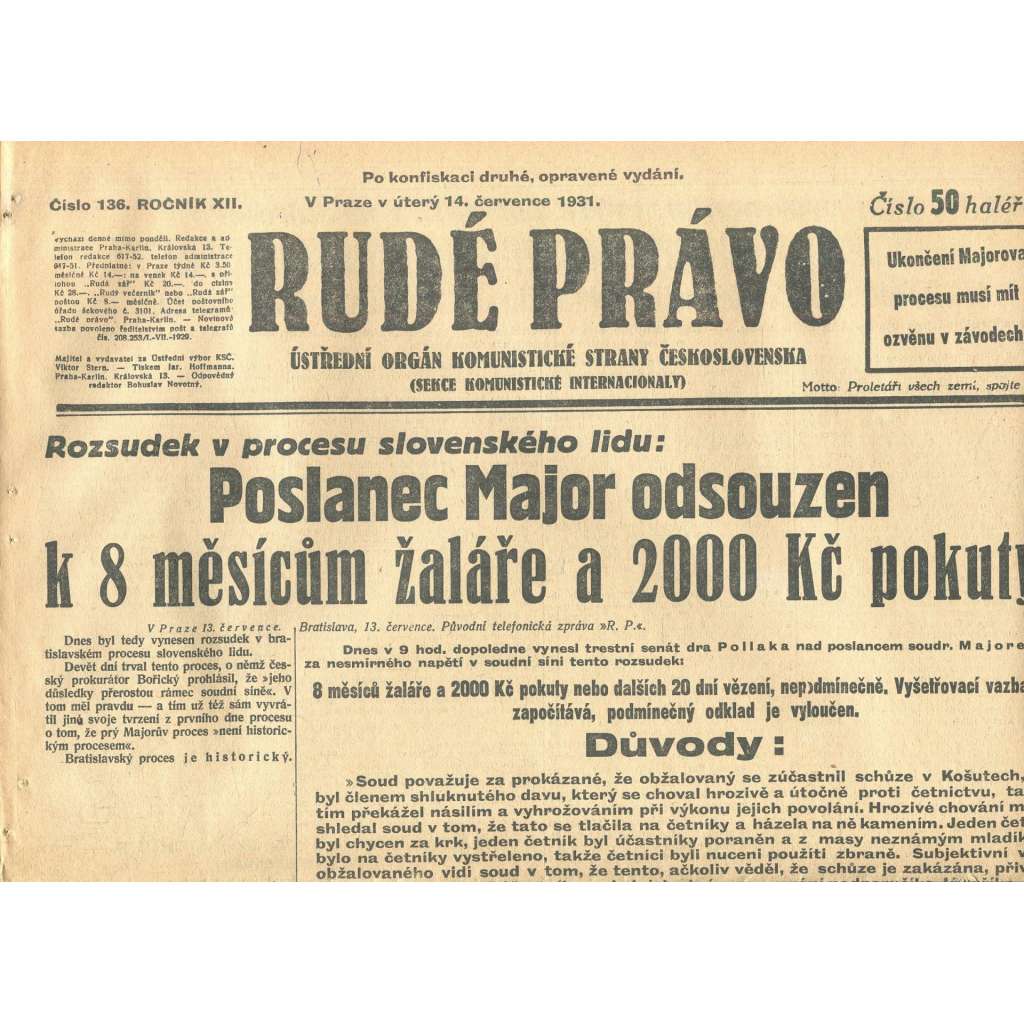 Rudé právo, ročník XII., číslo 136. Ústřední orgán Komunistické strany Československa (14.7.1931) - staré noviny, 1. republika