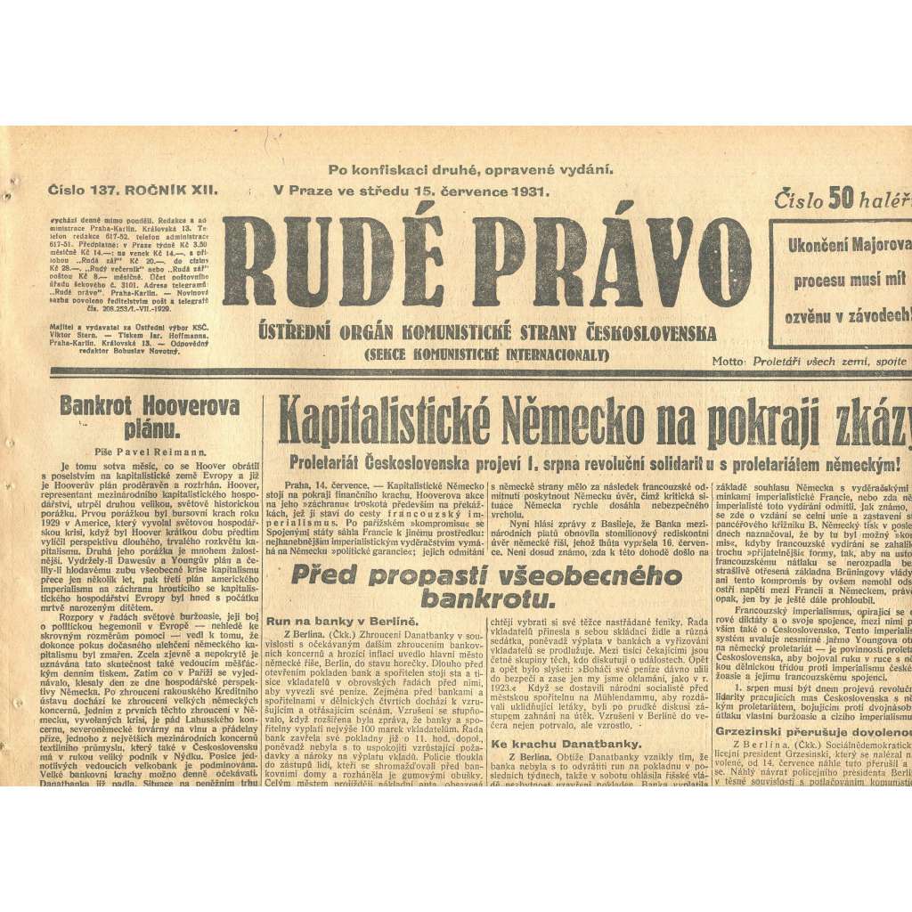 Rudé právo, ročník XII., číslo 137. Ústřední orgán Komunistické strany Československa (15.7.1931) - staré noviny, 1. republika