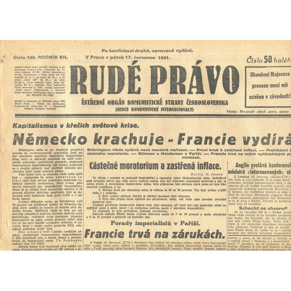 Rudé právo, ročník XII., číslo 139. Ústřední orgán Komunistické strany Československa (17.7.1931) - staré noviny, 1. republika