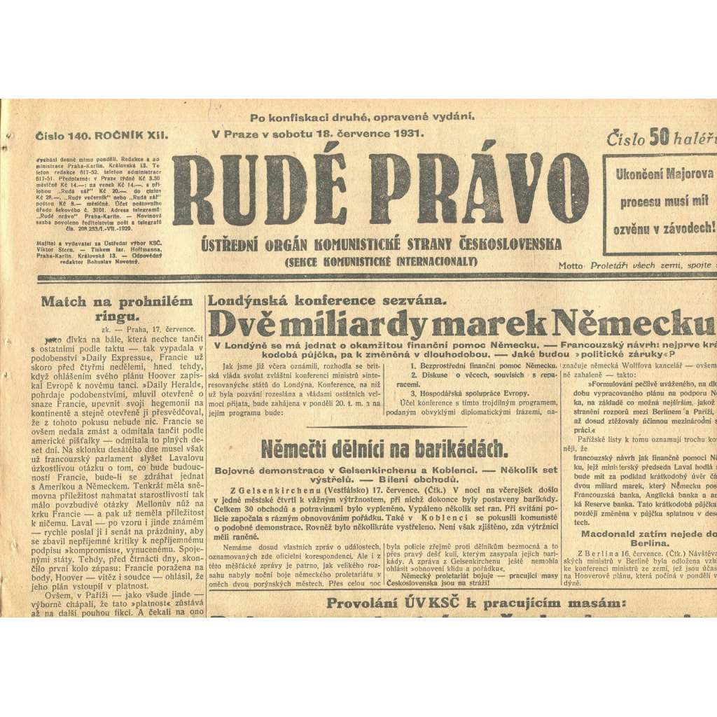 Rudé právo, ročník XII., číslo 140. Ústřední orgán Komunistické strany Československa (18.7.1931) - staré noviny, 1. republika