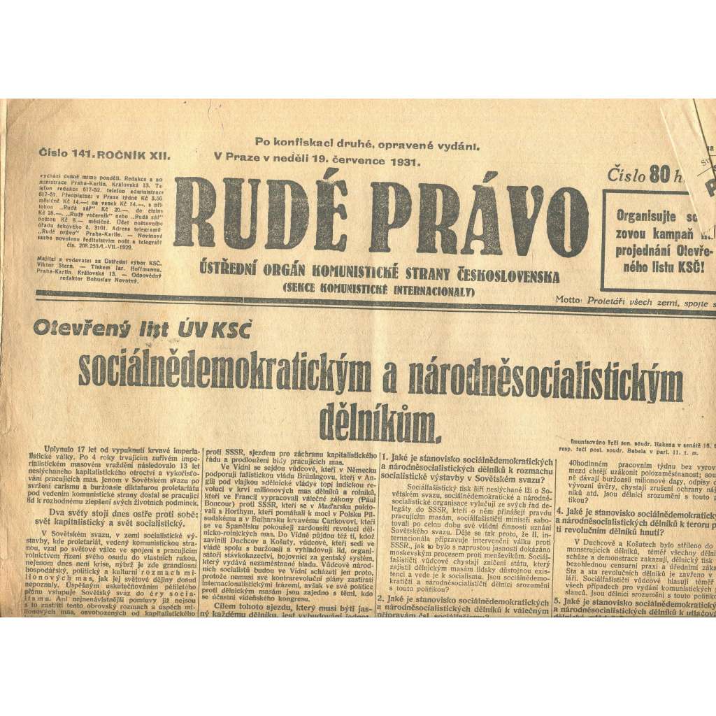 Rudé právo, ročník XII., číslo 141. Ústřední orgán Komunistické strany Československa (19.7.1931) - staré noviny, 1. republika
