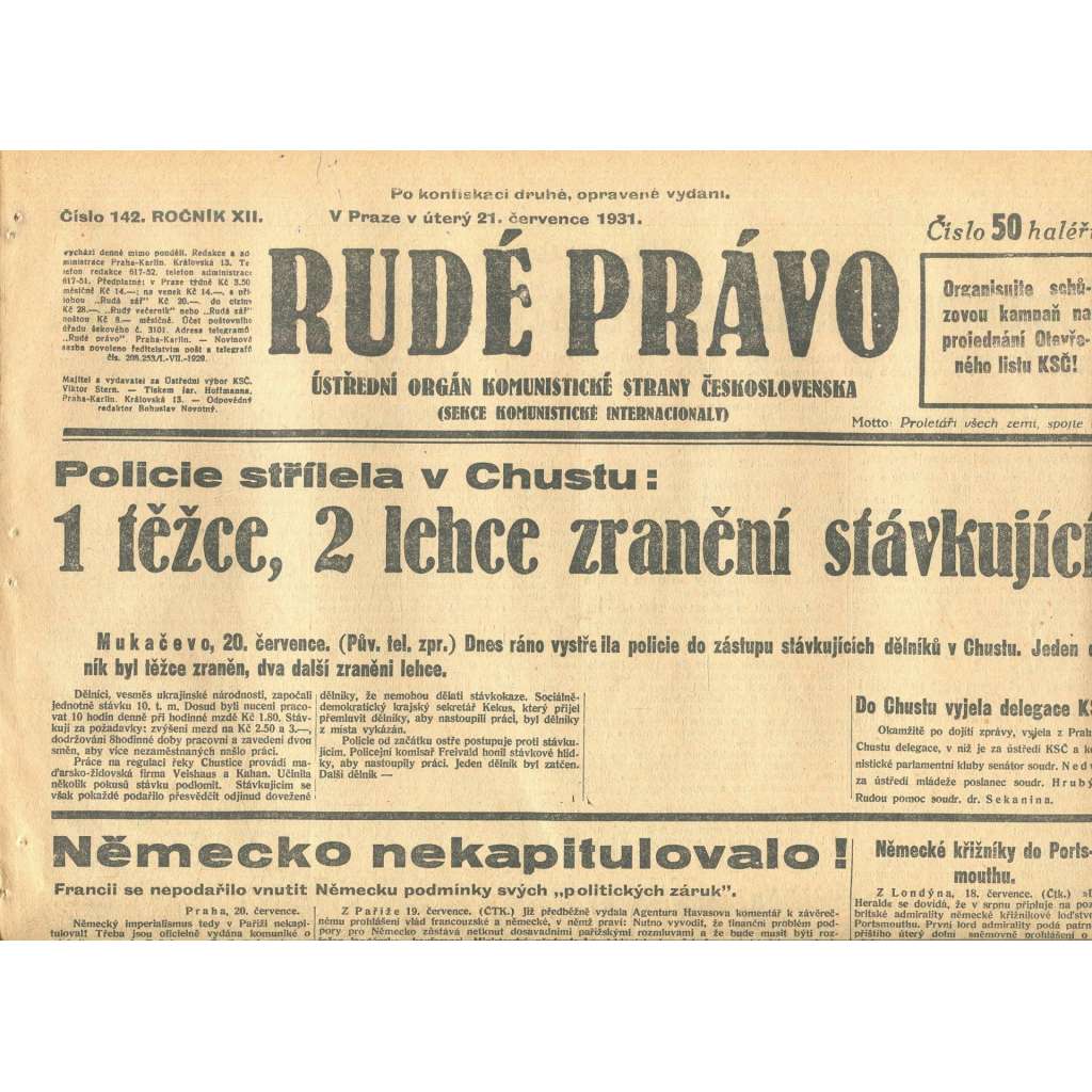 Rudé právo, ročník XII., číslo 142. Ústřední orgán Komunistické strany Československa (21.7.1931) - staré noviny, 1. republika