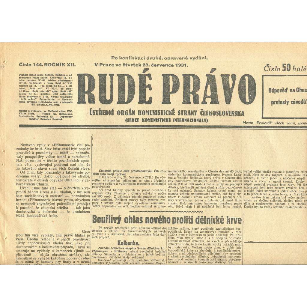 Rudé právo, ročník XII., číslo 144. Ústřední orgán Komunistické strany Československa (23.7.1931) - staré noviny, 1. republika