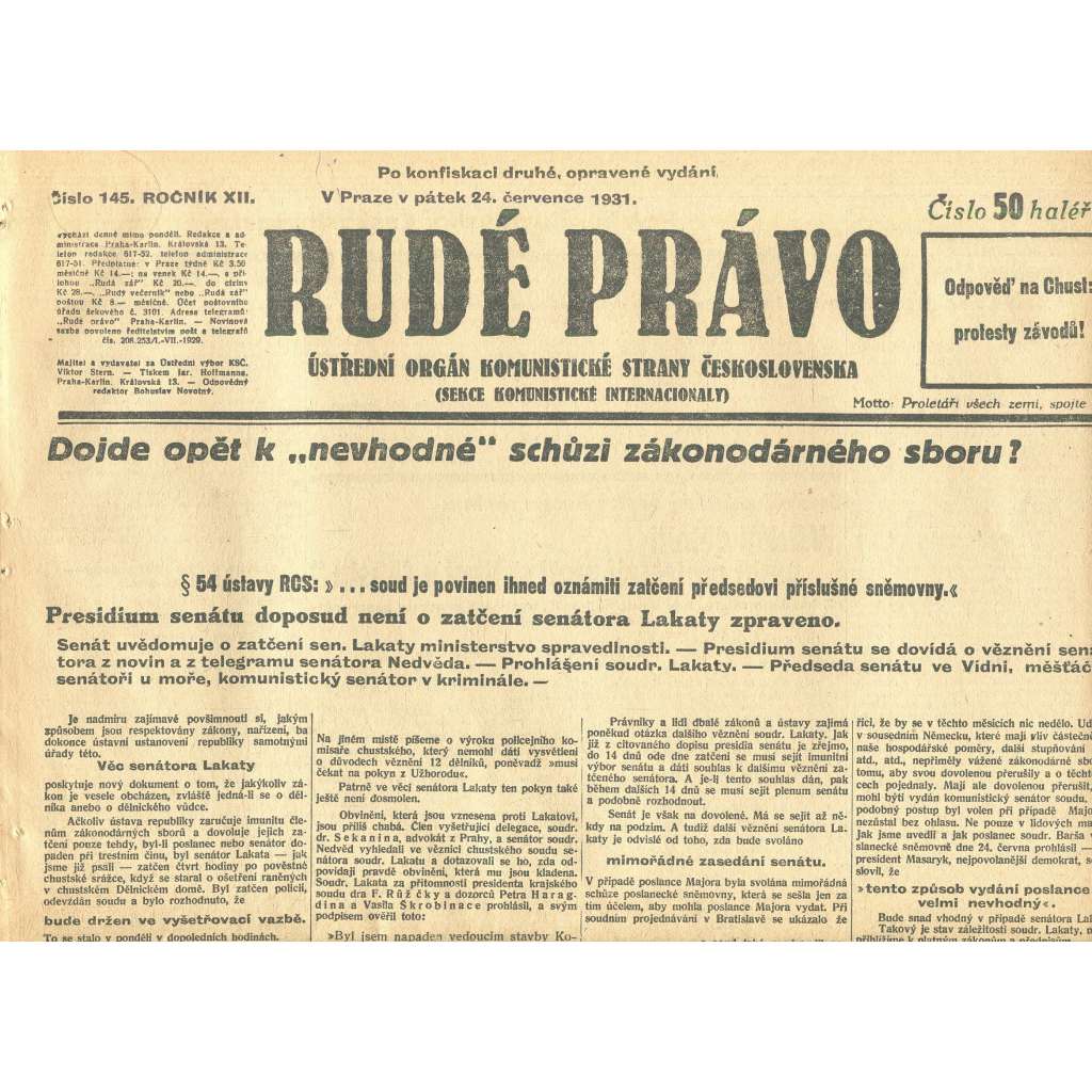 Rudé právo, ročník XII., číslo 145. Ústřední orgán Komunistické strany Československa (24.7.1931) - staré noviny, 1. republika