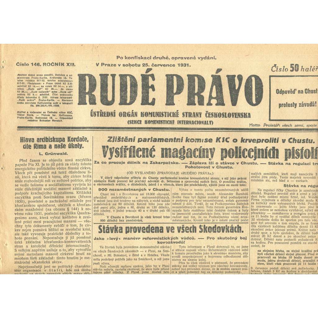 Rudé právo, ročník XII., číslo 146. Ústřední orgán Komunistické strany Československa (25.7.1931) - staré noviny, 1. republika