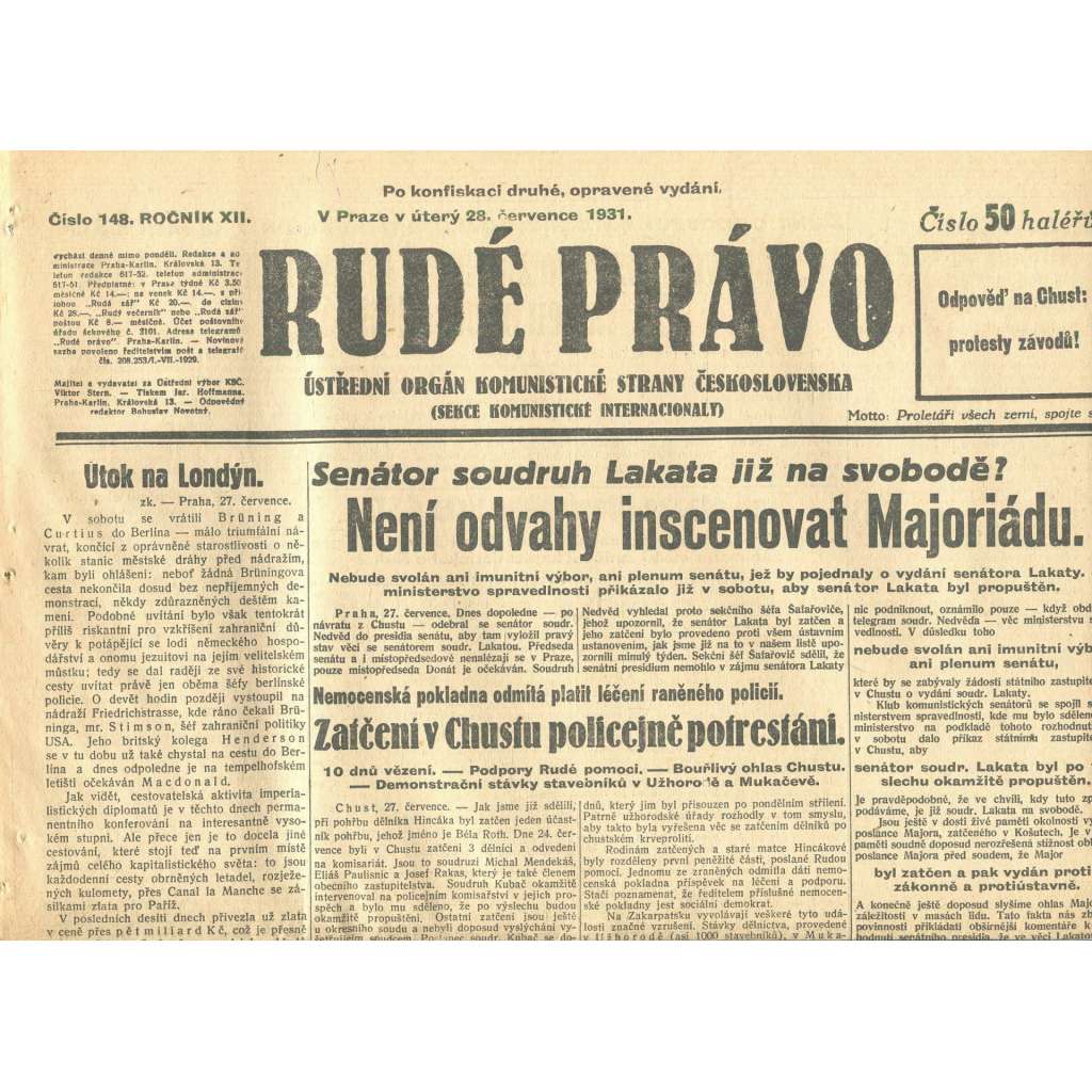 Rudé právo, ročník XII., číslo 148. Ústřední orgán Komunistické strany Československa (28.7.1931) - staré noviny, 1. republika