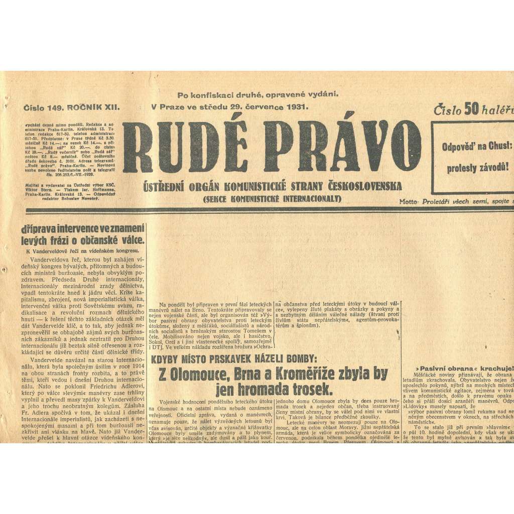 Rudé právo, ročník XII., číslo 149. Ústřední orgán Komunistické strany Československa (29.7.1931) - staré noviny, 1. republika