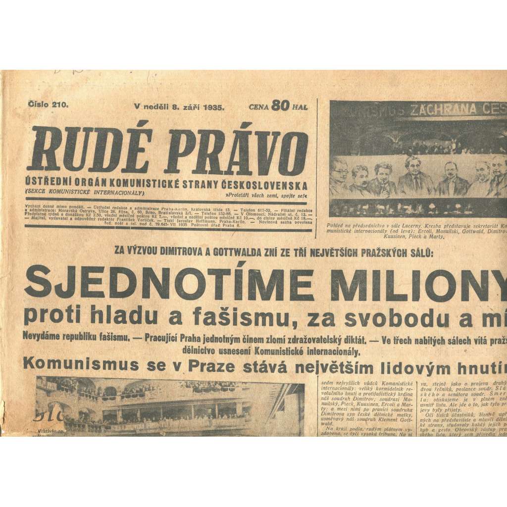 Rudé právo, číslo 210. Ústřední orgán Komunistické strany Československa (8.9.1935) - staré noviny, 1. republika