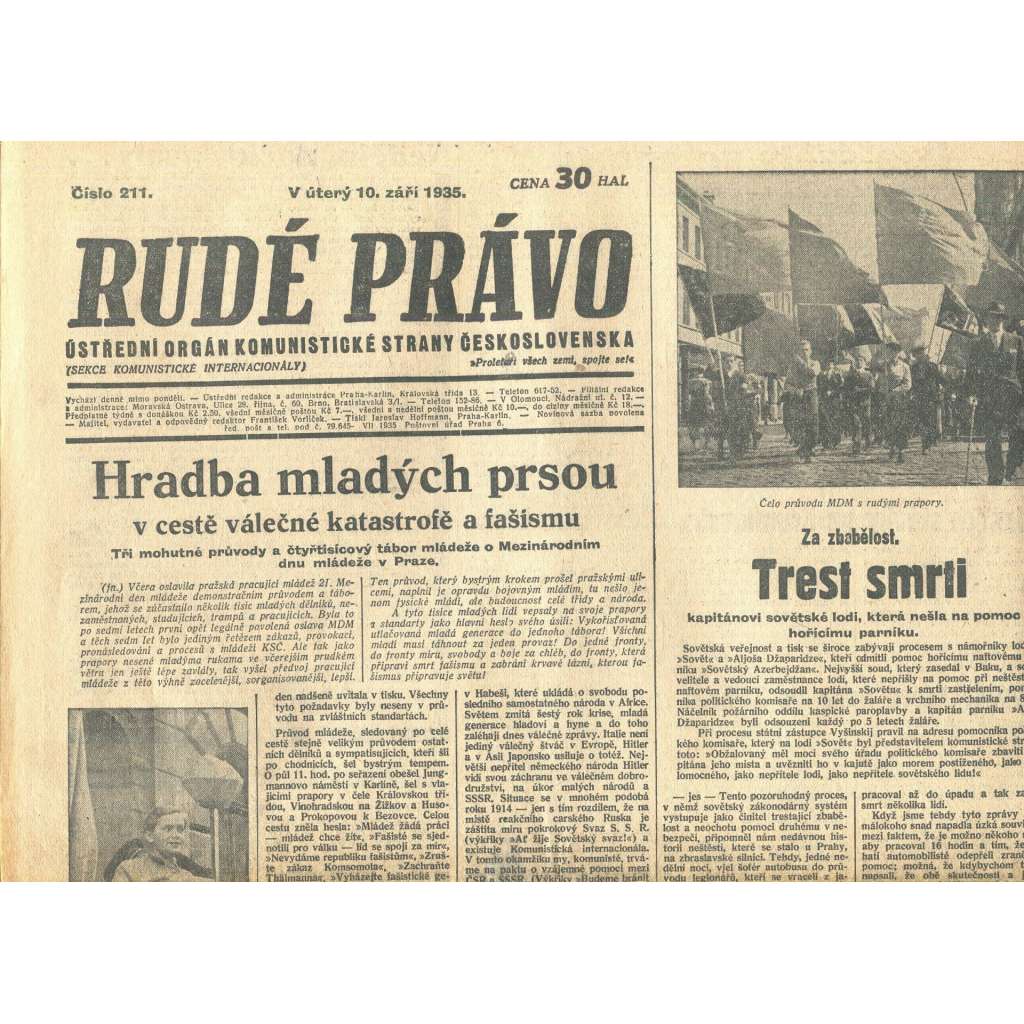 Rudé právo, číslo 211. Ústřední orgán Komunistické strany Československa (10.9.1935) - staré noviny, 1. republika