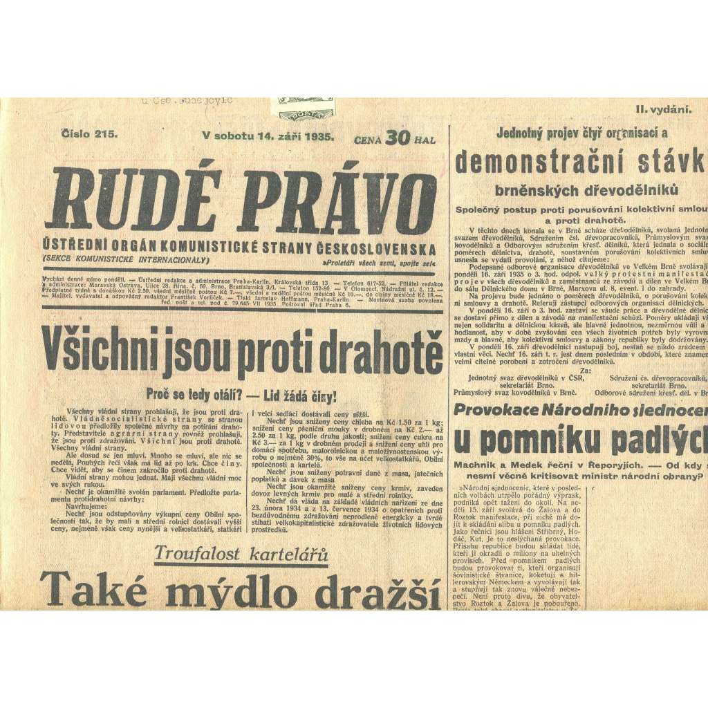 Rudé právo, číslo 215. Ústřední orgán Komunistické strany Československa (14.9.1935) - staré noviny, 1. republika