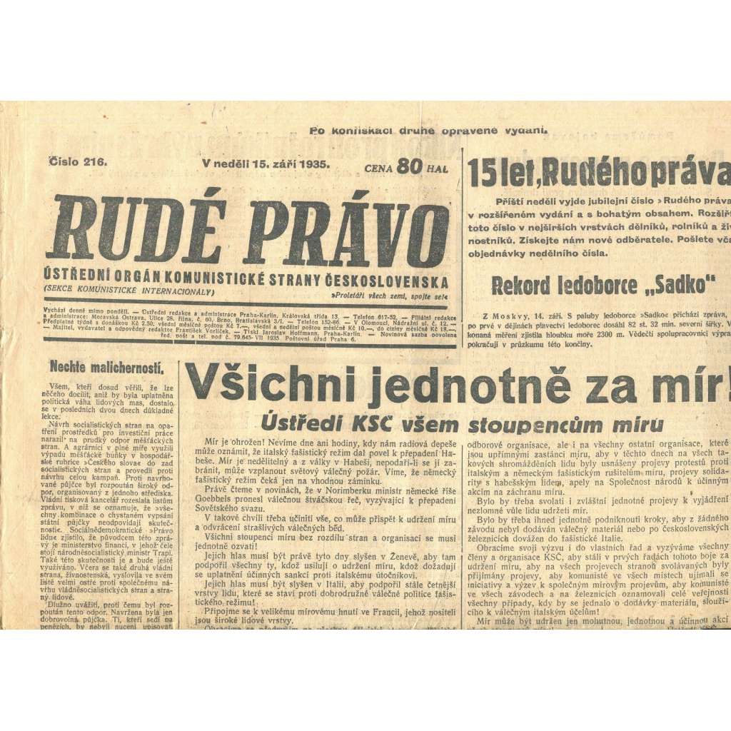 Rudé právo, číslo 216. Ústřední orgán Komunistické strany Československa (15.9.1935) - staré noviny, 1. republika