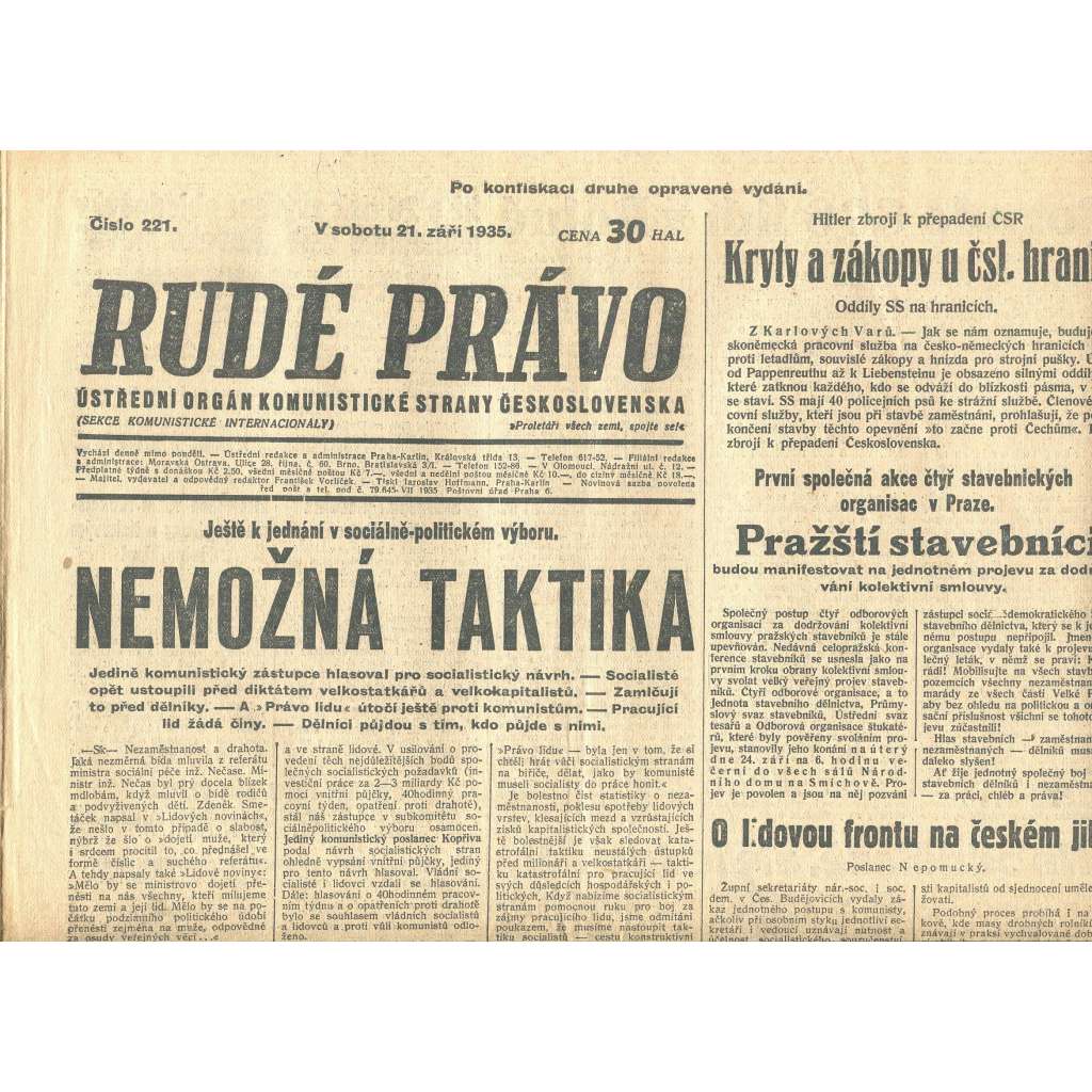 Rudé právo, číslo 221. Ústřední orgán Komunistické strany Československa (21.9.1935) - staré noviny, 1. republika