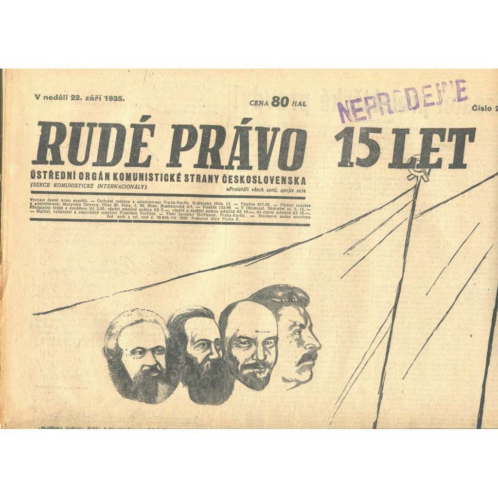Rudé právo, číslo 222. Ústřední orgán Komunistické strany Československa (22.9.1935) - staré noviny, 1. republika
