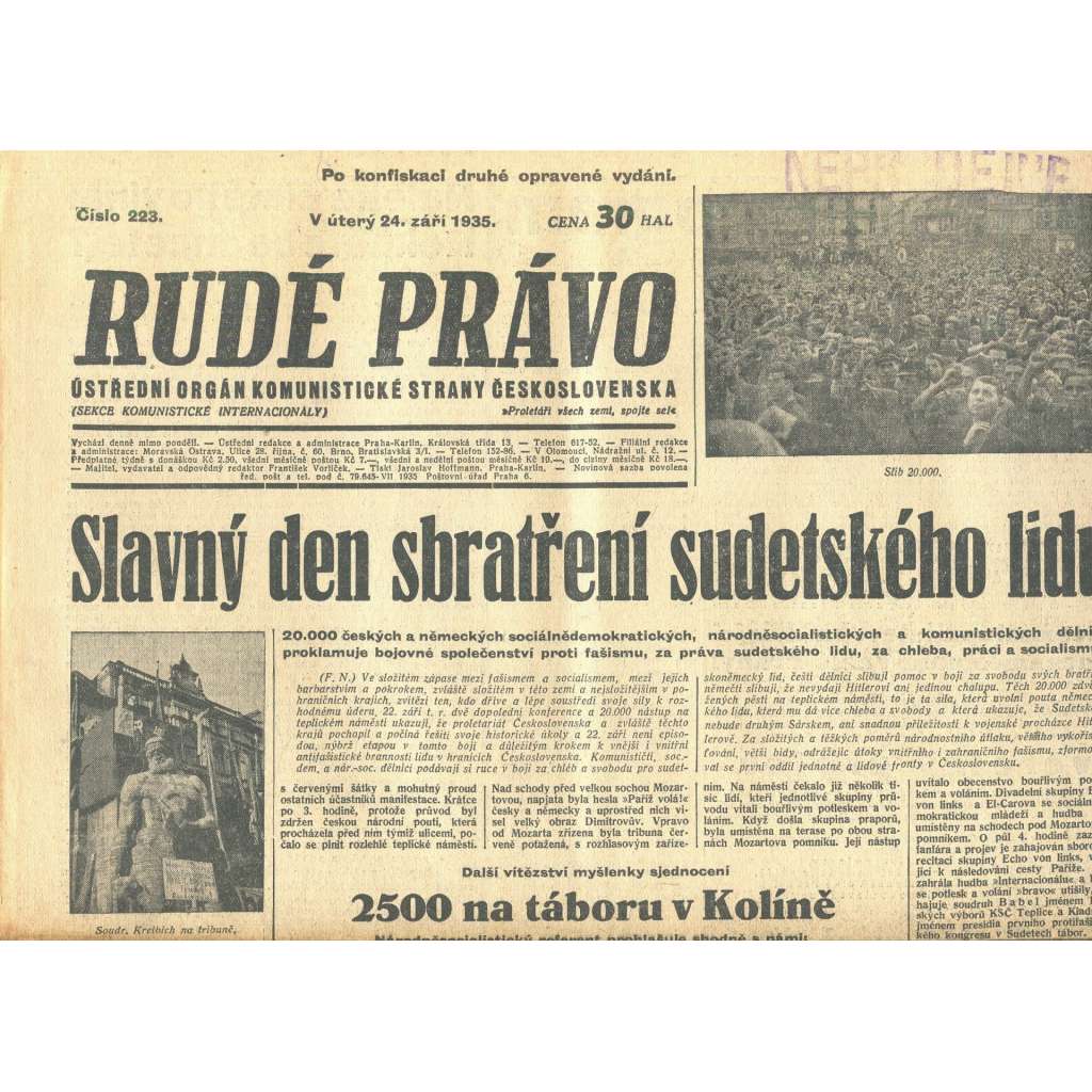Rudé právo, číslo 223. Ústřední orgán Komunistické strany Československa (24.9.1935) - staré noviny, 1. republika