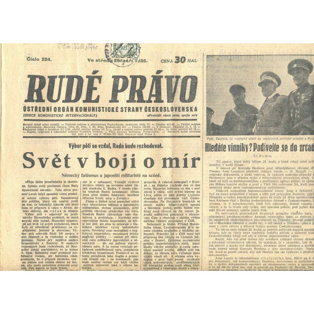 Rudé právo, číslo 224. Ústřední orgán Komunistické strany Československa (25.9.1935) - staré noviny, 1. republika