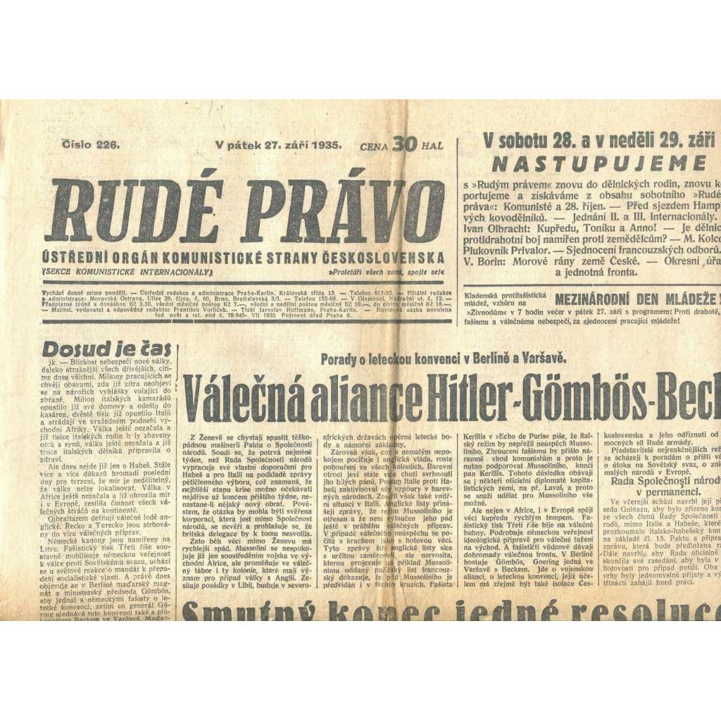 Rudé právo, číslo 226. Ústřední orgán Komunistické strany Československa (27.9.1935) - staré noviny, 1. republika