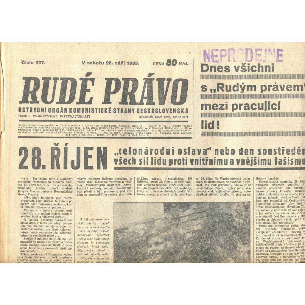 Rudé právo, číslo 227. Ústřední orgán Komunistické strany Československa (28.9.1935) - staré noviny, 1. republika