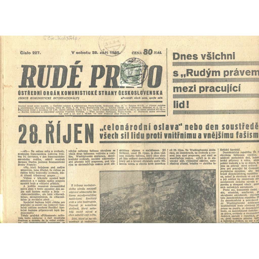 Rudé právo, číslo 227. Ústřední orgán Komunistické strany Československa (28.9.1935) - staré noviny, 1. republika