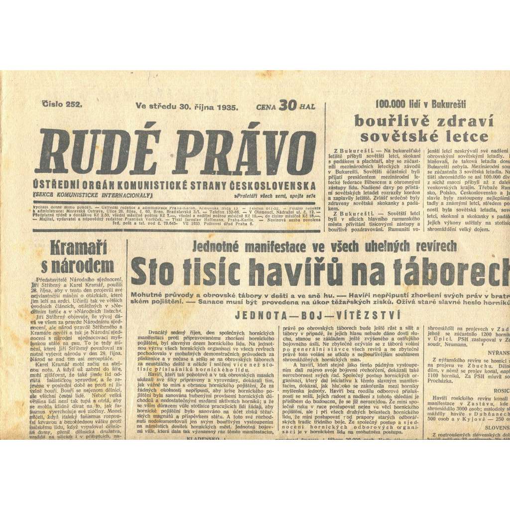 Rudé právo, číslo 252. Ústřední orgán Komunistické strany Československa (30.10.1935) - staré noviny, 1. republika