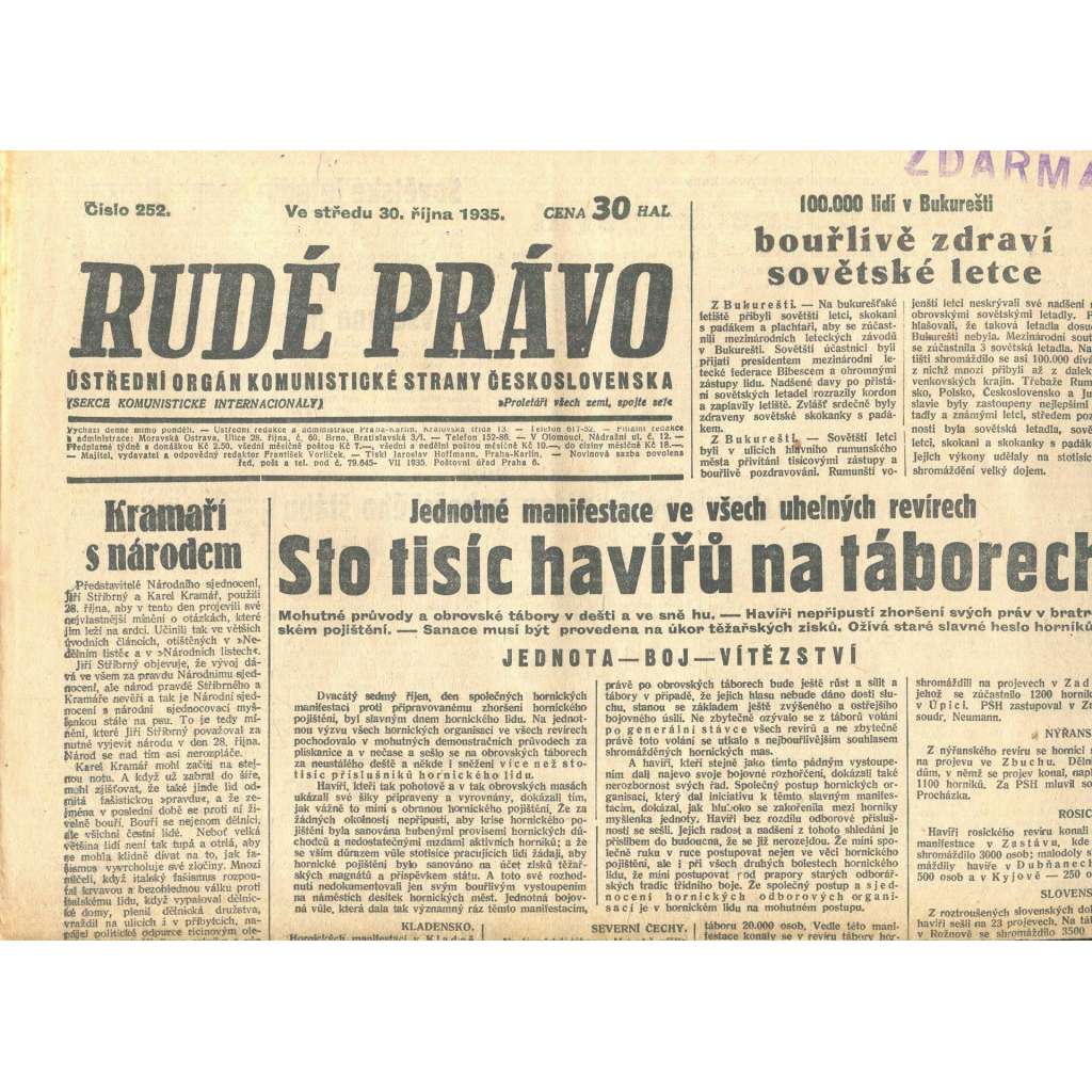 Rudé právo, číslo 252. Ústřední orgán Komunistické strany Československa (30.10.1935) - staré noviny, 1. republika
