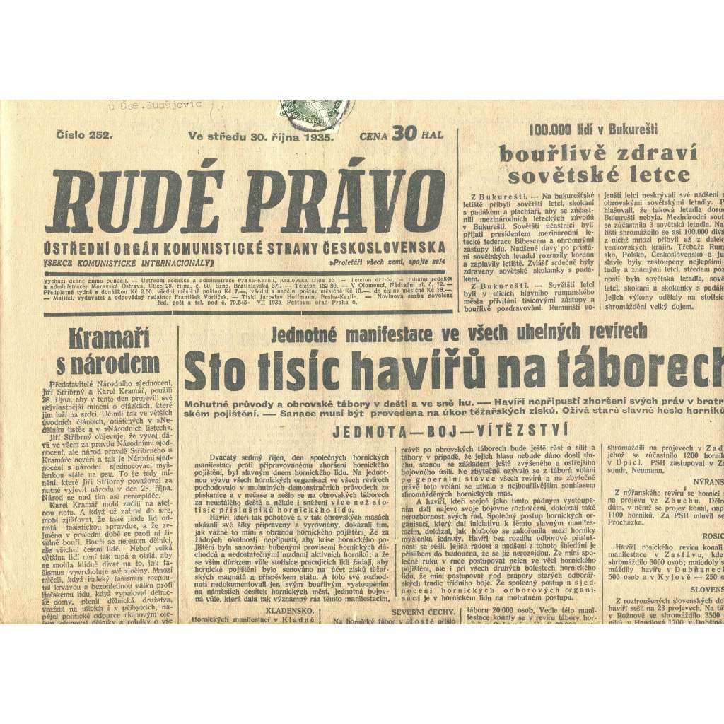Rudé právo, číslo 252. Ústřední orgán Komunistické strany Československa (30.10.1935) - staré noviny, 1. republika