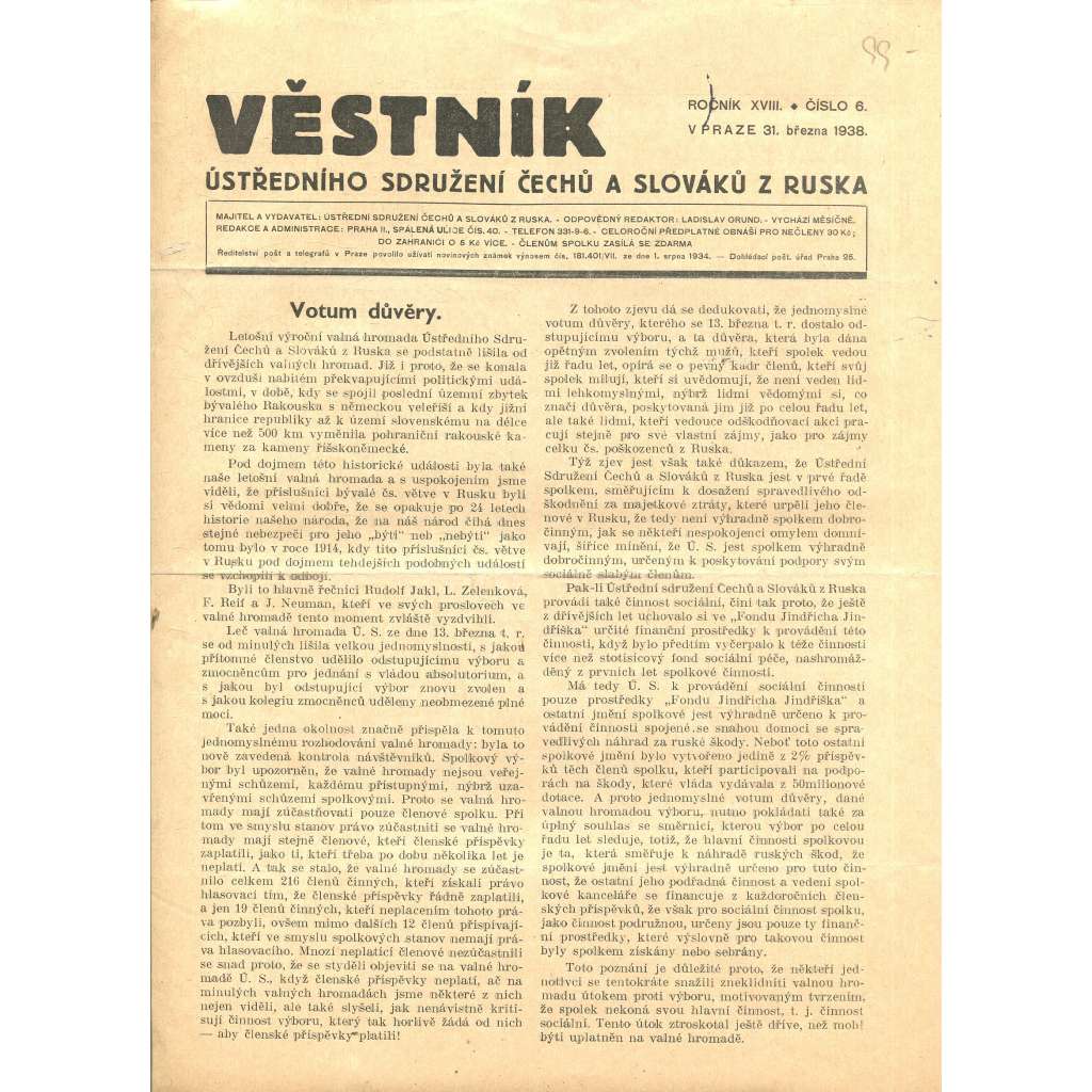 Věstník Ústředního sdružení Čechů a Slováků z Ruska, ročník XVIII., číslo 6/1938 (legie, legionáři, legie v Rusku) - časopis