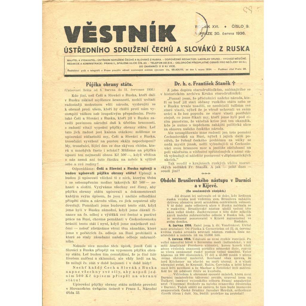 Věstník Ústředního sdružení Čechů a Slováků z Ruska, ročník XVI., číslo 9/1936 (legie, legionáři, legie v Rusku) - časopis