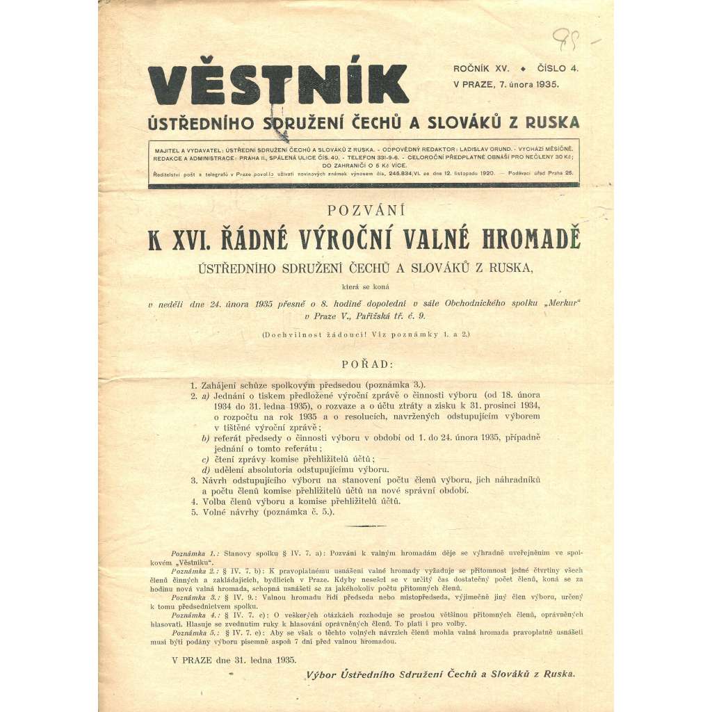 Věstník Ústředního sdružení Čechů a Slováků z Ruska, ročník XV., číslo 4/1935 (legie, legionáři, legie v Rusku) - časopis