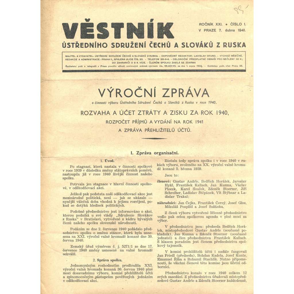 Věstník Ústředního sdružení Čechů a Slováků z Ruska, ročník XXI., číslo 1/1941 (legie, legionáři, legie v Rusku) - časopis