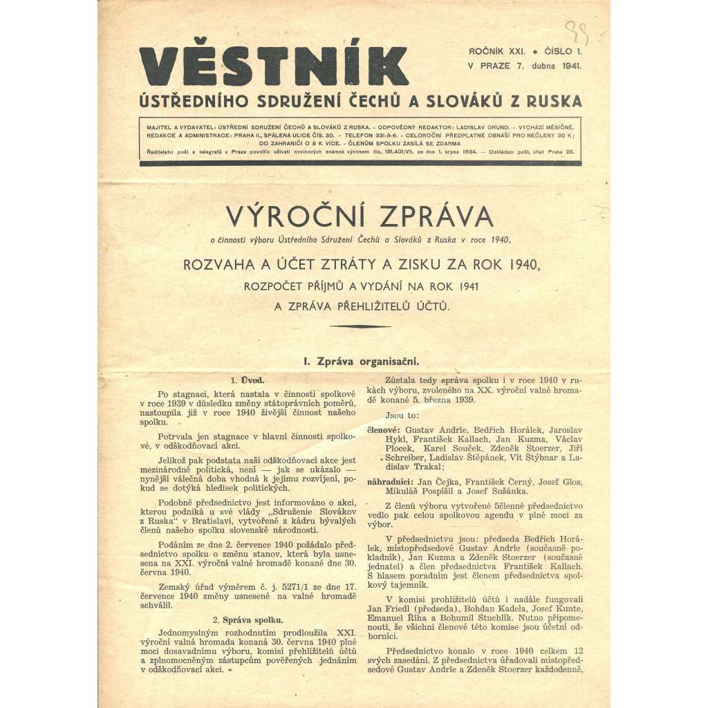 Věstník Ústředního sdružení Čechů a Slováků z Ruska, ročník XXI., číslo 1/1941 (legie, legionáři, legie v Rusku) - časopis