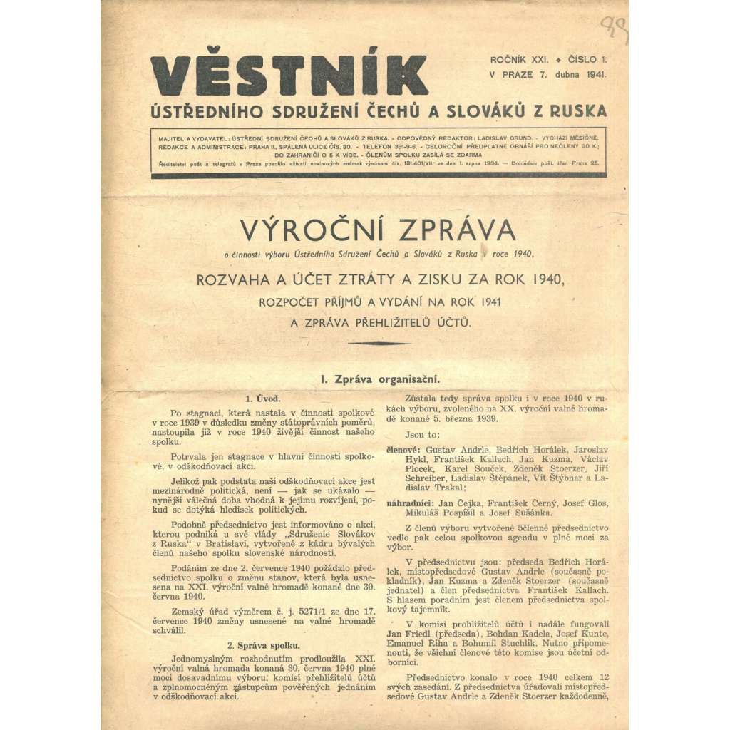 Věstník Ústředního sdružení Čechů a Slováků z Ruska, ročník XXI., číslo 1/1941 (legie, legionáři, legie v Rusku) - časopis