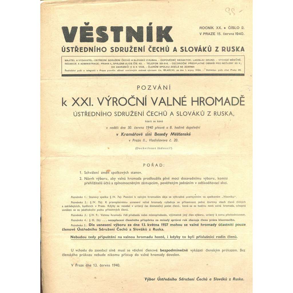 Věstník Ústředního sdružení Čechů a Slováků z Ruska, ročník XX., číslo 2/1940 (legie, legionáři, legie v Rusku) - časopis