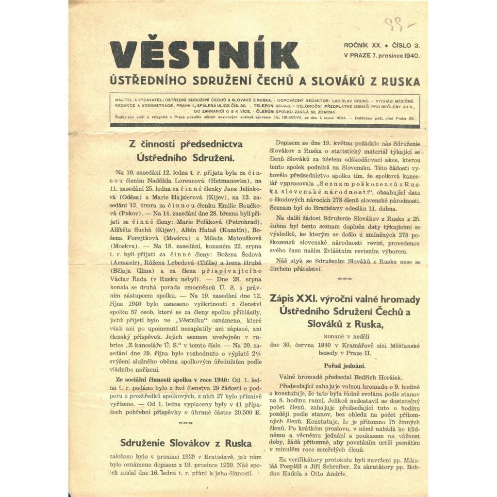 Věstník Ústředního sdružení Čechů a Slováků z Ruska, ročník XX., číslo 3/1940 (legie, legionáři, legie v Rusku) - časopis
