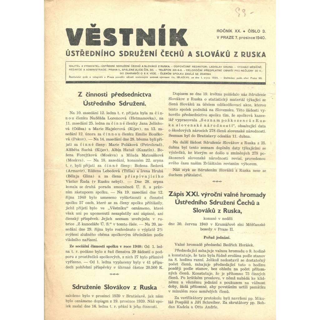 Věstník Ústředního sdružení Čechů a Slováků z Ruska, ročník XX., číslo 3/1940 (legie, legionáři, legie v Rusku) - časopis