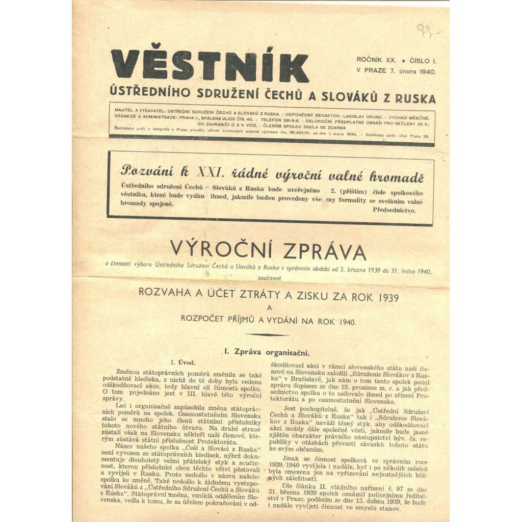 Věstník Ústředního sdružení Čechů a Slováků z Ruska, ročník XX., číslo 1/1940 (legie, legionáři, legie v Rusku) - časopis