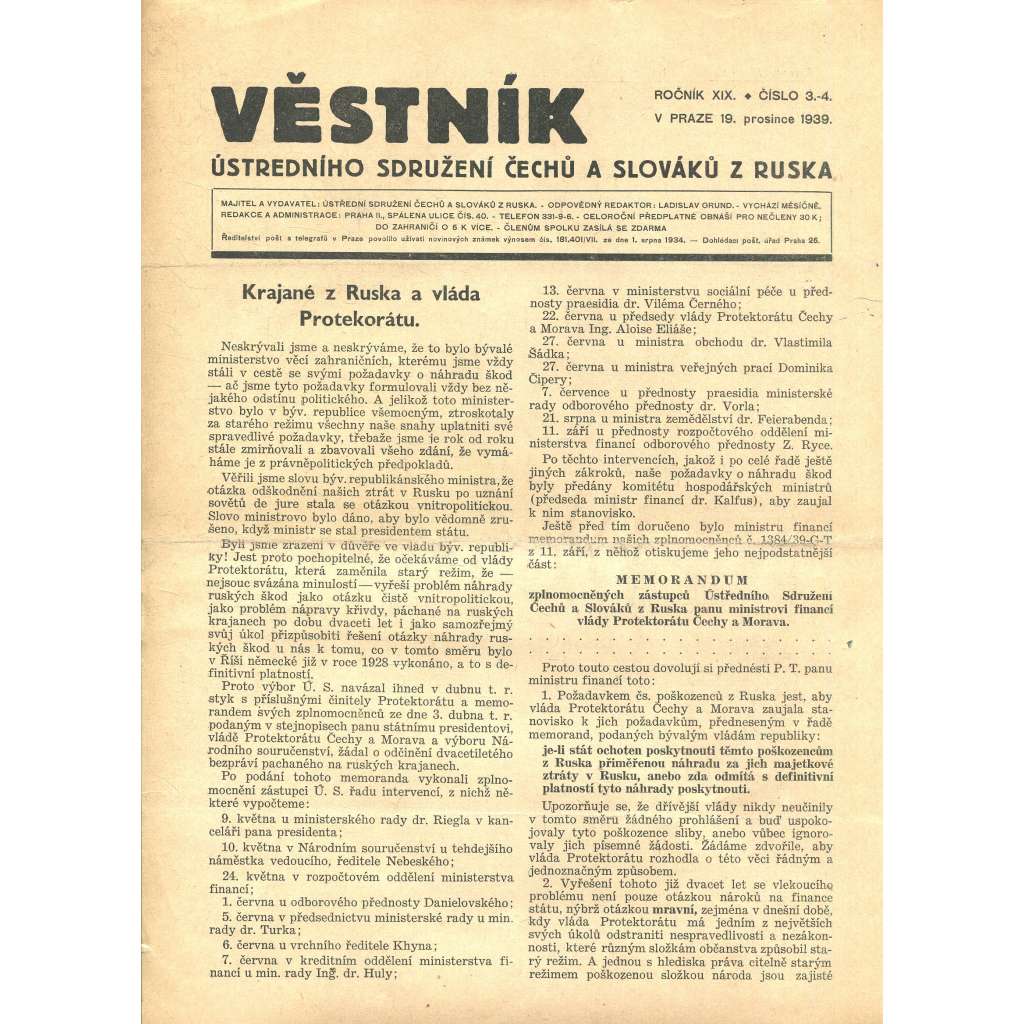 Věstník Ústředního sdružení Čechů a Slováků z Ruska, ročník XX., číslo 3-4/1939 (legie, legionáři, legie v Rusku) - časopis