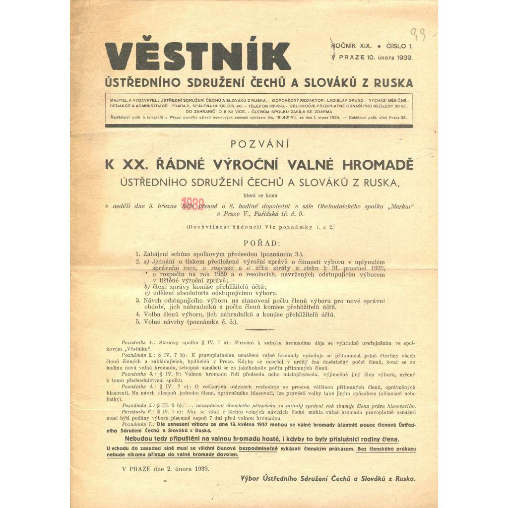 Věstník Ústředního sdružení Čechů a Slováků z Ruska, ročník XIX., číslo 1/1939 (legie, legionáři, legie v Rusku) - časopis